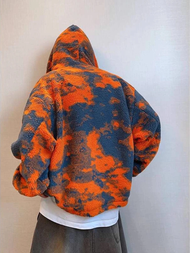 Chaqueta Sherpa Retro de invierno para hombre, abrigo de piel con capucha de gran tamaño naranja, ropa de calle gruesa y cálida, Parkas forradas de lana