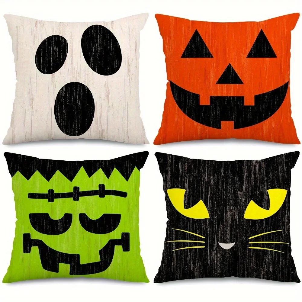 4 Pack Halloween Pillow Covers Colorful Rustic Style Halloween Pillow Covers for Sofa Decoration (Pillow Core Not Included)