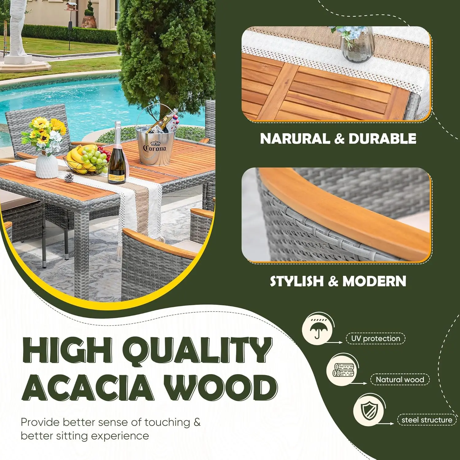 Patio Conversation Set with Acacia Wood Top, Rattan Outdoor Dining Table and Chairs for Backyard, Garden, Deck