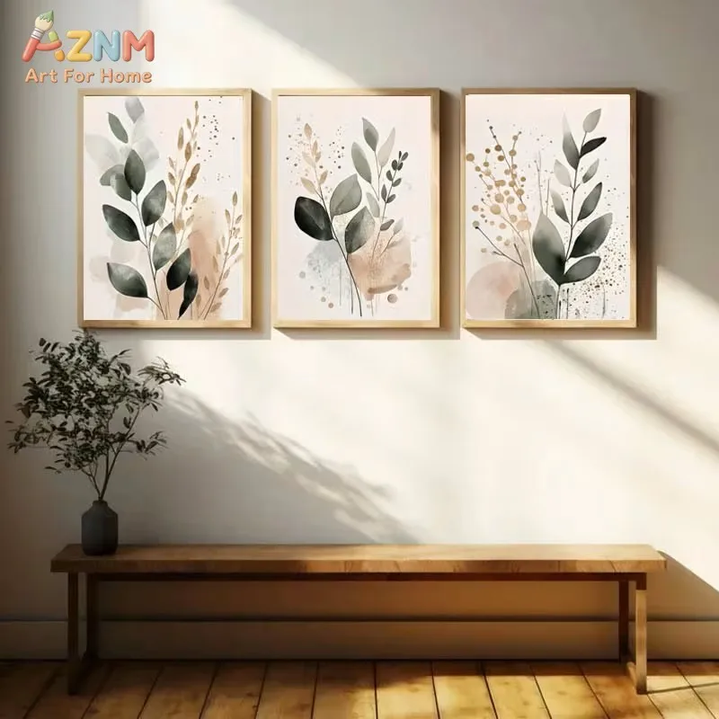 3PCS Neutral Botanical Eucalyptus Watercolor Canvas Prints Set Boho Beige Green Leaf Wall Art Posters for Living Room Bedroom Mi