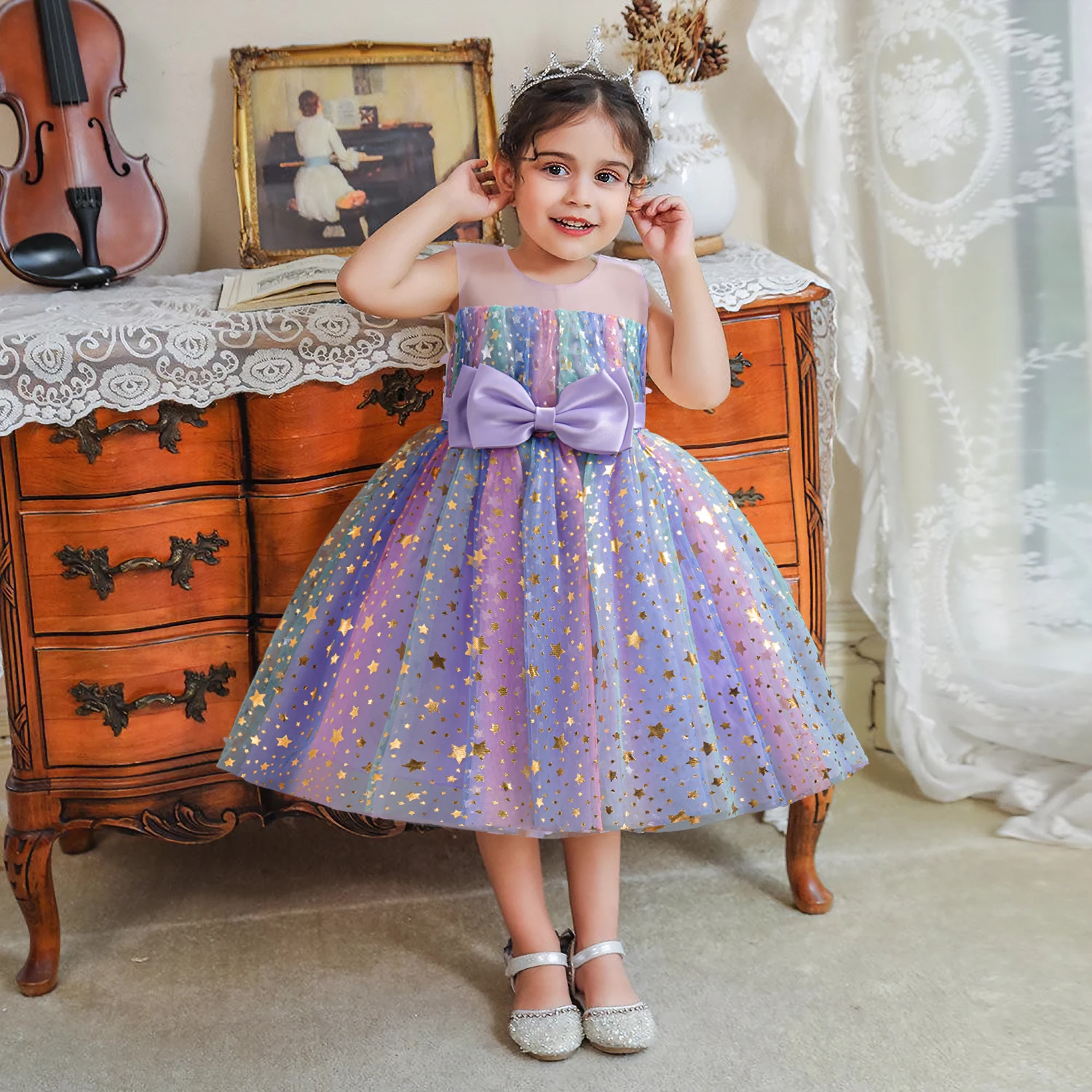 Baby Girl Party Dress Sequins Tulle Bow Wedding Sleeveless Birthday Party Dress Toddler Kids Pageant Formal Evening Dress 3-7Yrs