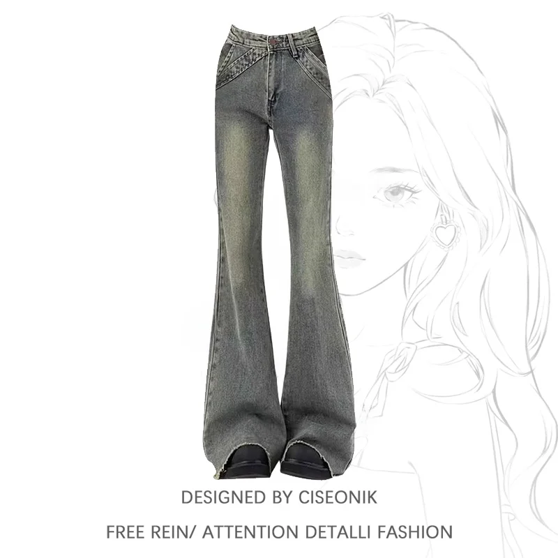 

American Retro High Waist Bell Bottom Jeans Women's New plus Size Slimming Floor Length Pants Loose Fit Spring Autumn