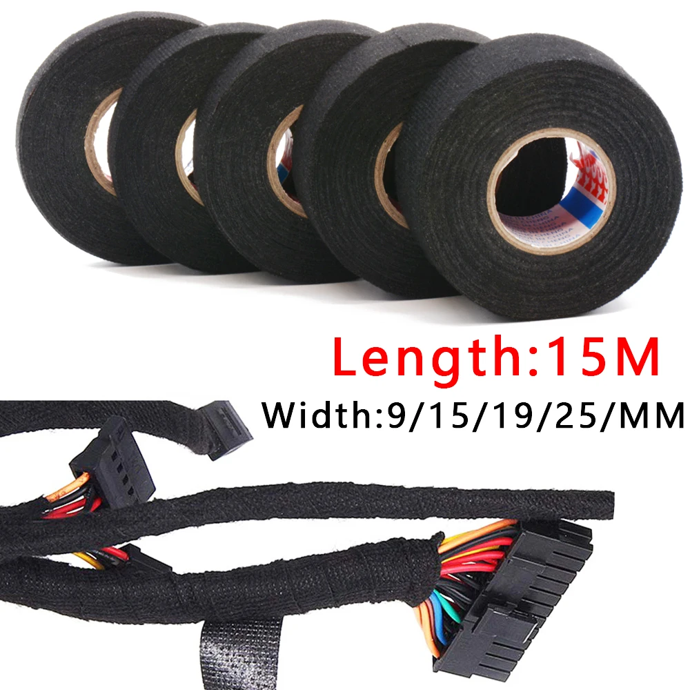 15M Tape Heat-resistant Adhesive Fabric Tape Car Cable Harness Tape Fabric Loom Tape Electrical Tape Width 9/15/19/25/32MM