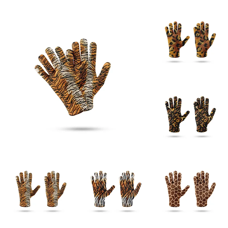 Leopard Personalized Printed Knitted Gloves High Quality Garden Cycling Polyester Gloves Funny Thermal Winter Protection Gloves