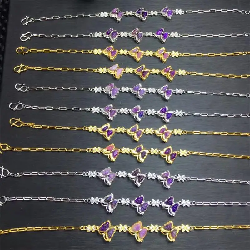 S925 Natural Sugilite Butterfly Bracelet Fashion Energy Stone Reiki Healing Crystal Strand Fengshui Gift 1PCS