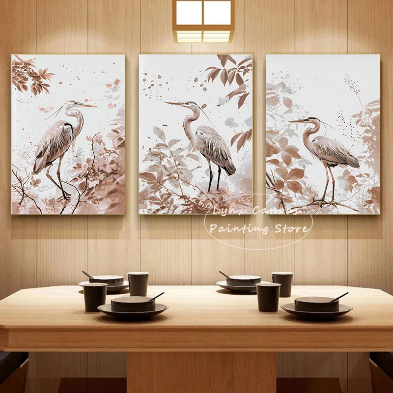 Maximalist Chinoiserie Canvas Painting Beautiful Crane Posters and Prints Abstract Wall Art Pictures for Living Room Home Decor