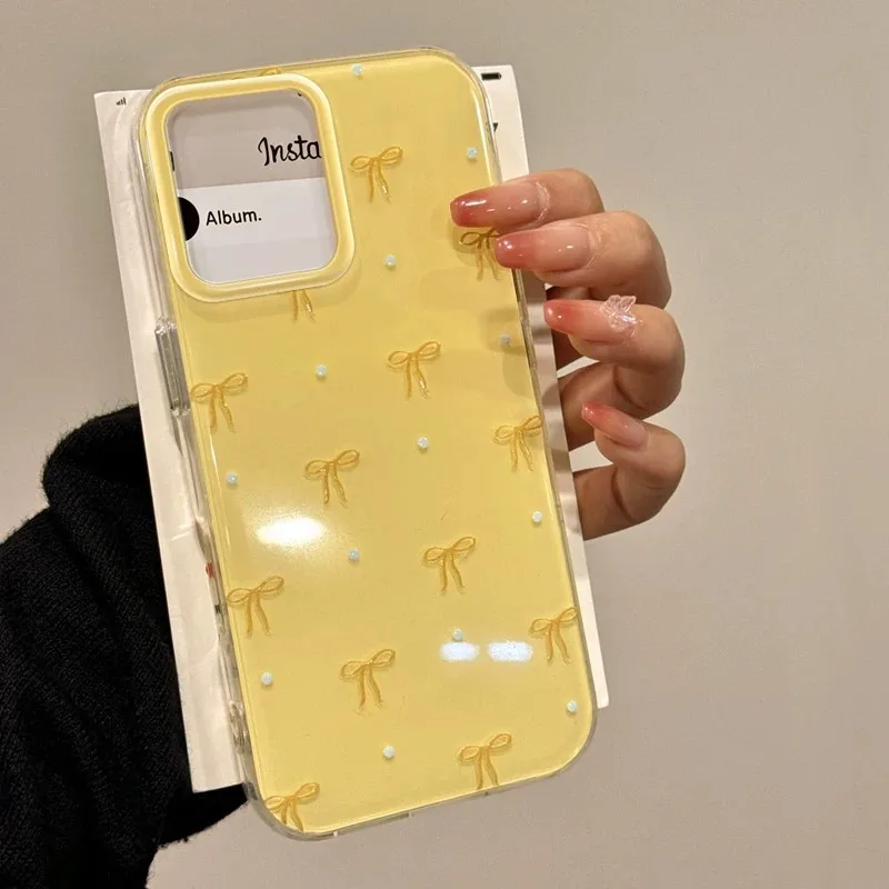 Cute Yellow Bow Pearl Phone Case Sweet Transparent Glossy Cover For iPhone 16 15 14 13 Pro Max Samsung S25 S24