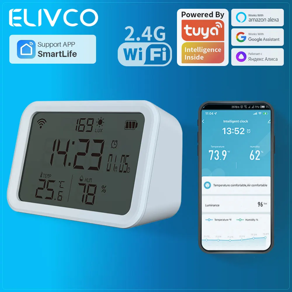 

Tuya 4in1 WiFi Smart Temperature and Humidity Sensor Multi-function Sensor Smart Life APP Control works with Alexa google home