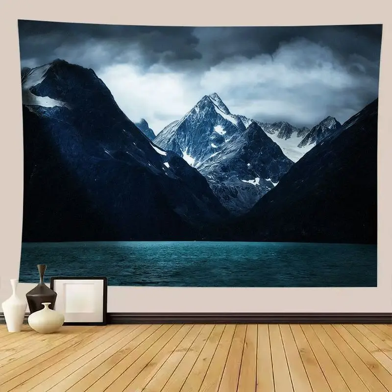 VIKAMA Minimalist Dark Cool Mountain Tapestry, Storm Cloud Snowy Summit Deep Turquoise Lake Nature Decor