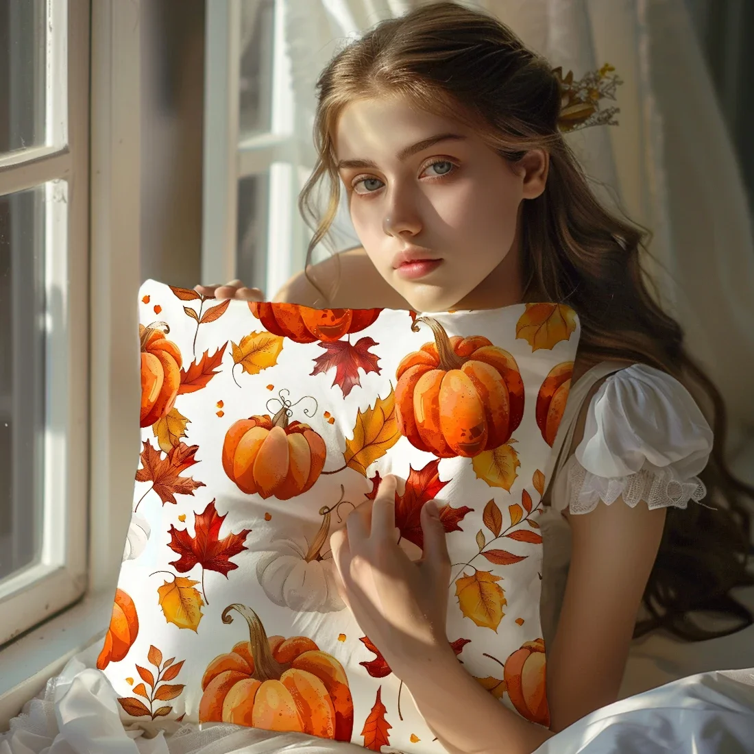 Autumn  Theme Pillow Case Pumpkin Maple Leaf Watercolor Autumn Soft Decorative Cushion, Living Room Sofa Cushion Cover 45*45cm