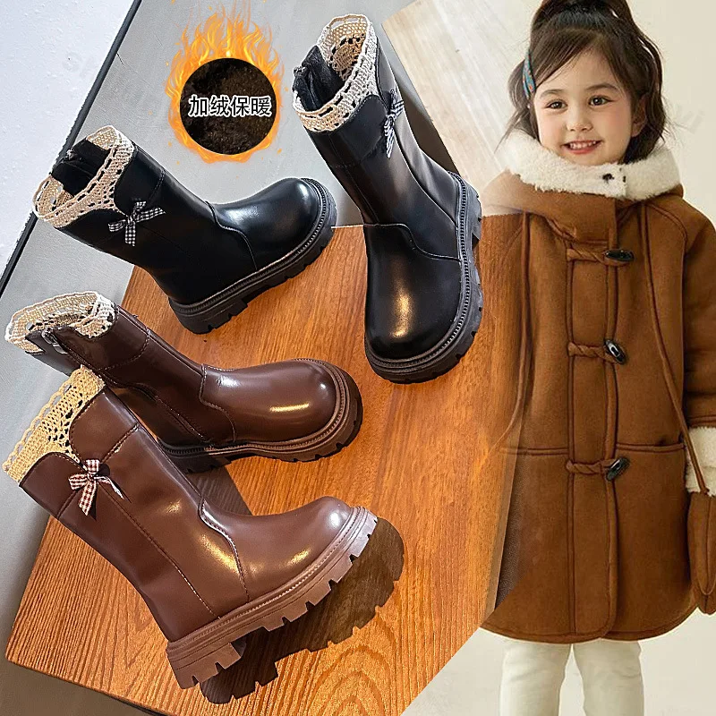 

Зимние кожаные ботинки для девочек, коллекция 2024, детские модные ботинки принцессы на мягкой подошве, нескользящие уличные удобные теплые детские ботинки с бантом и кружевом