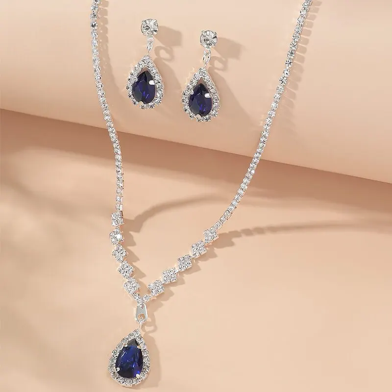 2 Pcs Set Blue Crystal Stone Denpent Necklace Bracelet With Dazzling Cubic Zircon Romantic Daily Wear Jewelry Girl Gift