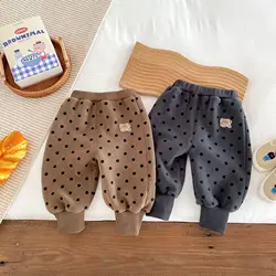 Autumn Winter Padded Dot Baby Boy Trouser Warm Thicken Cotton Infant Boy Outdoor Pant Cartoon Bear Elastic Waist Baby Boy Pant