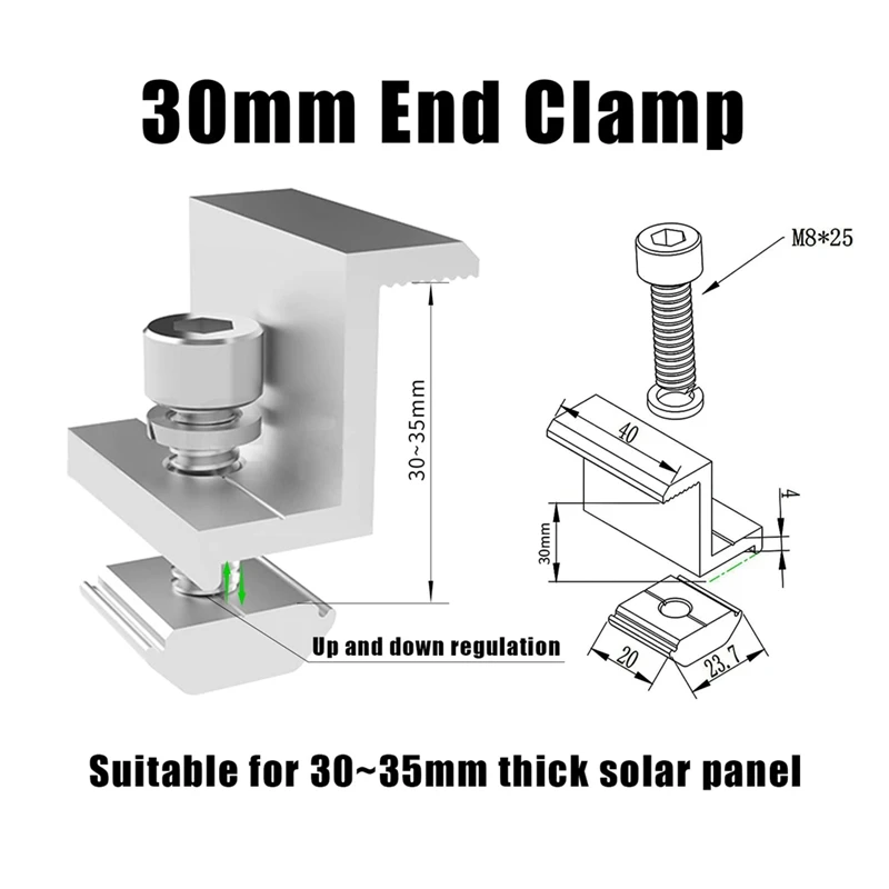 4 Stück Solarpanel-Kantenklemmhalterungen, Solar-Endklemme, verstellbares Solarpanel, 30 mm