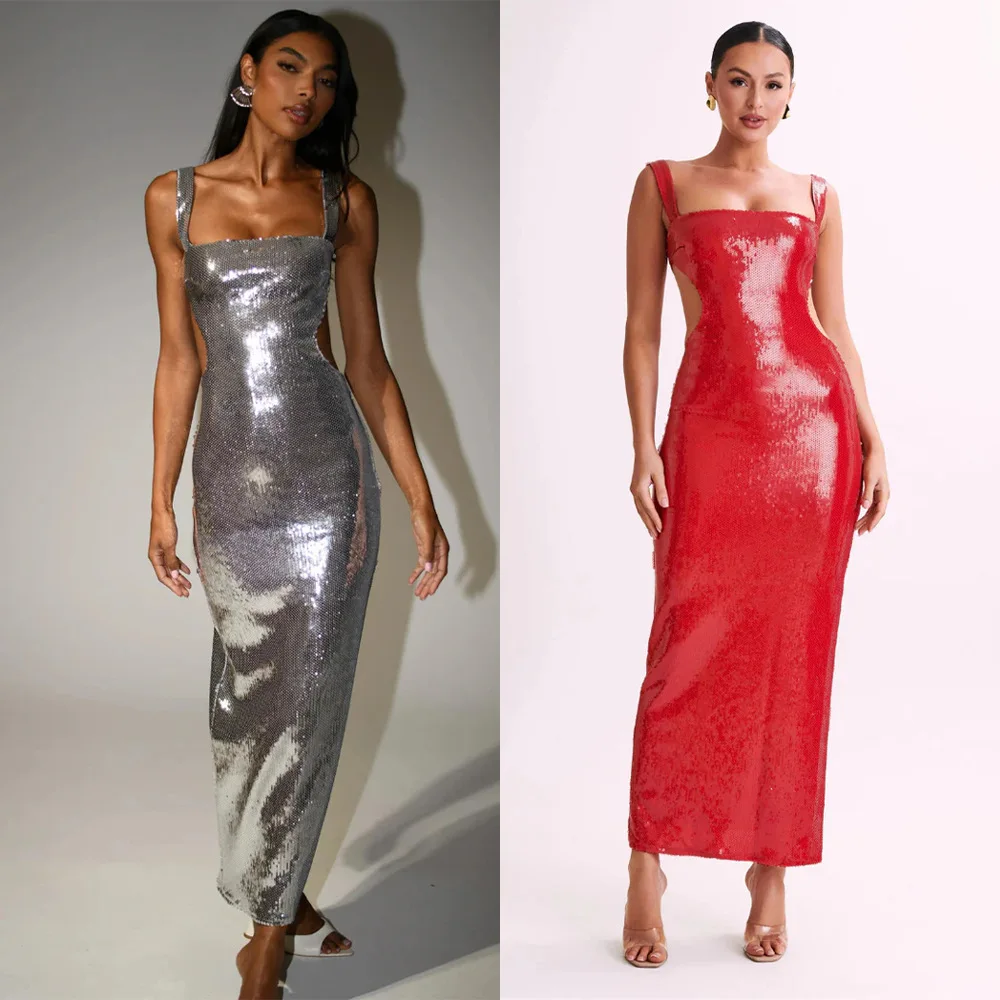 Vestidos de festa de lantejoulas de cor sólida feminino sexy baixo corte sem costas pacote hip magro baile de formatura vestido de noite moda na moda vestidos de banquete