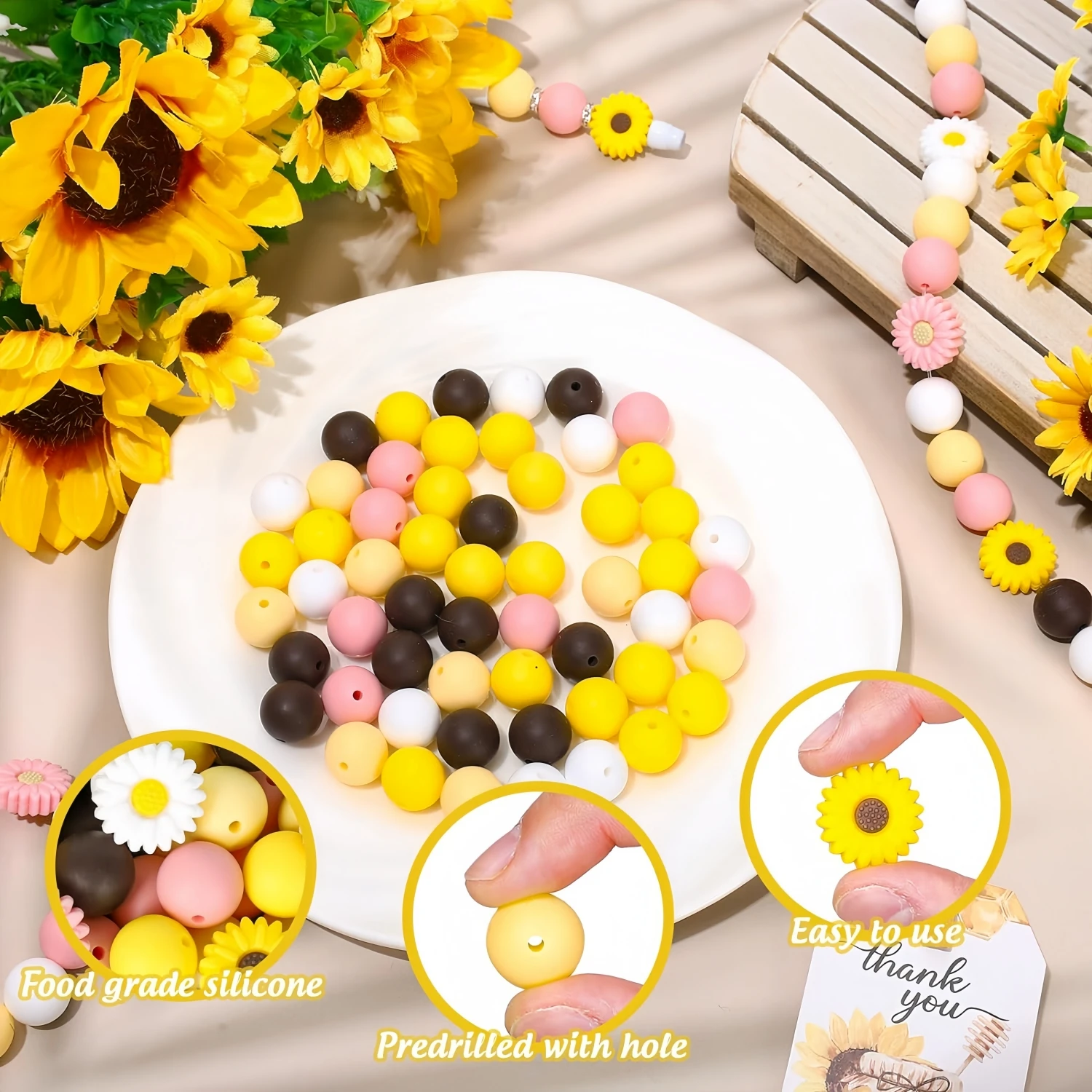 31/59pcs Sunflower Silicone Beads Daisy Focus Beads 5 Colors Round Spacer Beads DIY Pen Crafts Jewelry Necklace Bangle Keychain Making