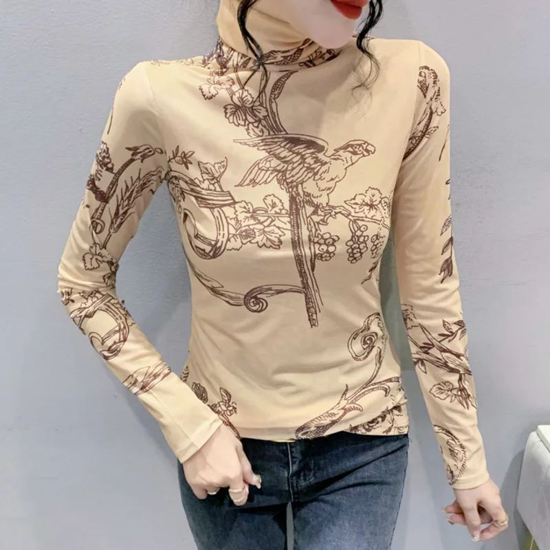 

#8155 Khaki Turtleneck T Shirt Women Stretch Mesh Printed T Shirt Femme Vintage Tight Tee Long Sleeve Woman T Shirt Slim Short