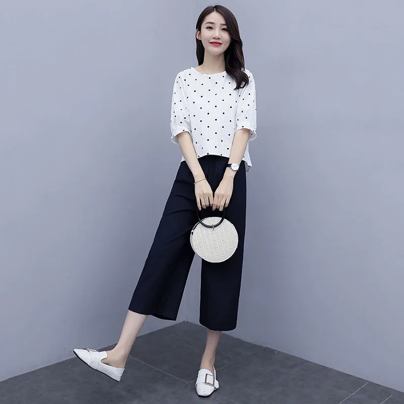 Single/ Set Cotton Linen Wide Leg Pants Women's Suit Summer 2022 Loose Polka Dots Female Sleeve Tops Leisure Lady  2PCS