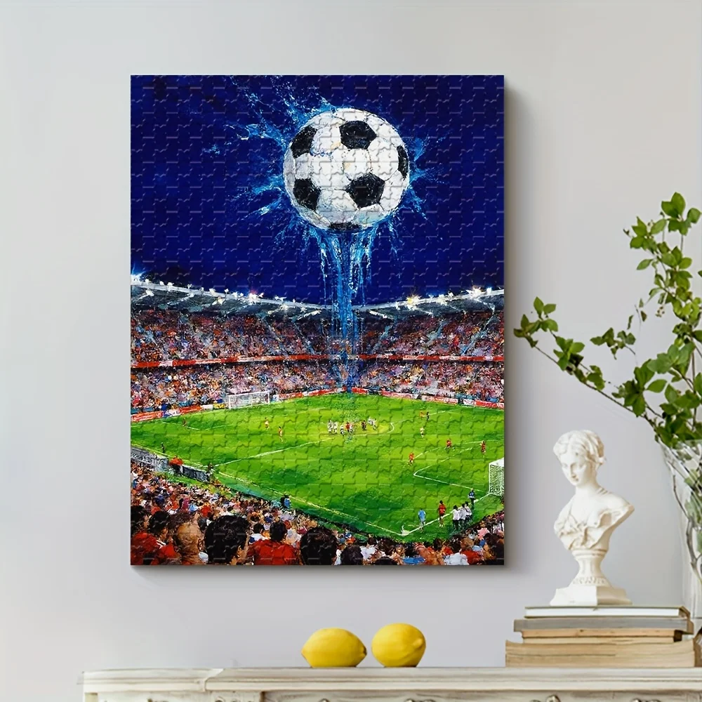 1000 قطعة من أحجية الصور المقطوعة تتميز ملعب كرة القدم - تصميم رذاذ منتصف الهواء، عمل فني ملون لمباراة كرة القدم، مثالي لغرفة الألعاب