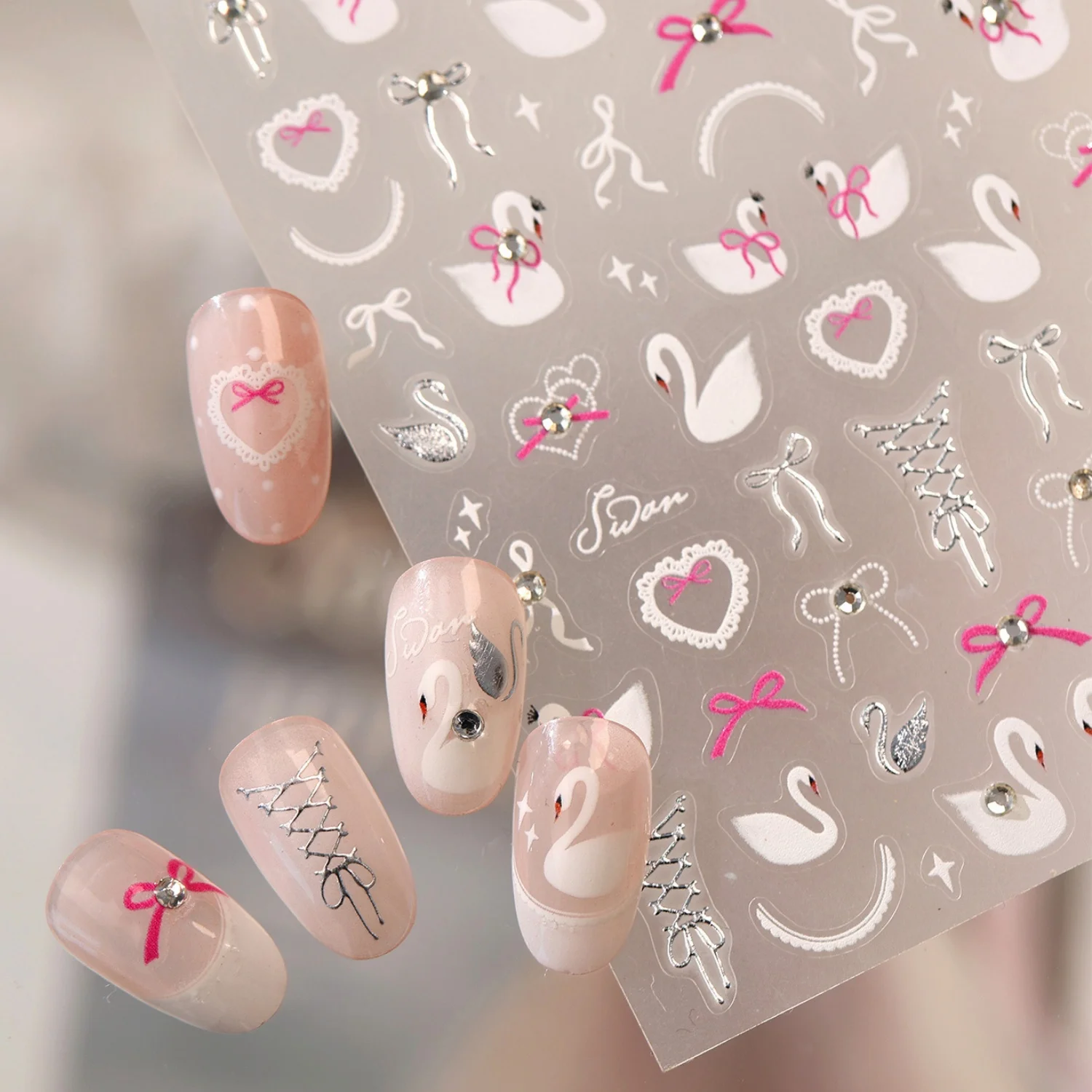 5D Sweet Girl Nail Stickers Ballet Style Swan Ribbon Bow Lace Strap Rhinestone Heart Embossed Self Adhesive Nail Decal Manicure