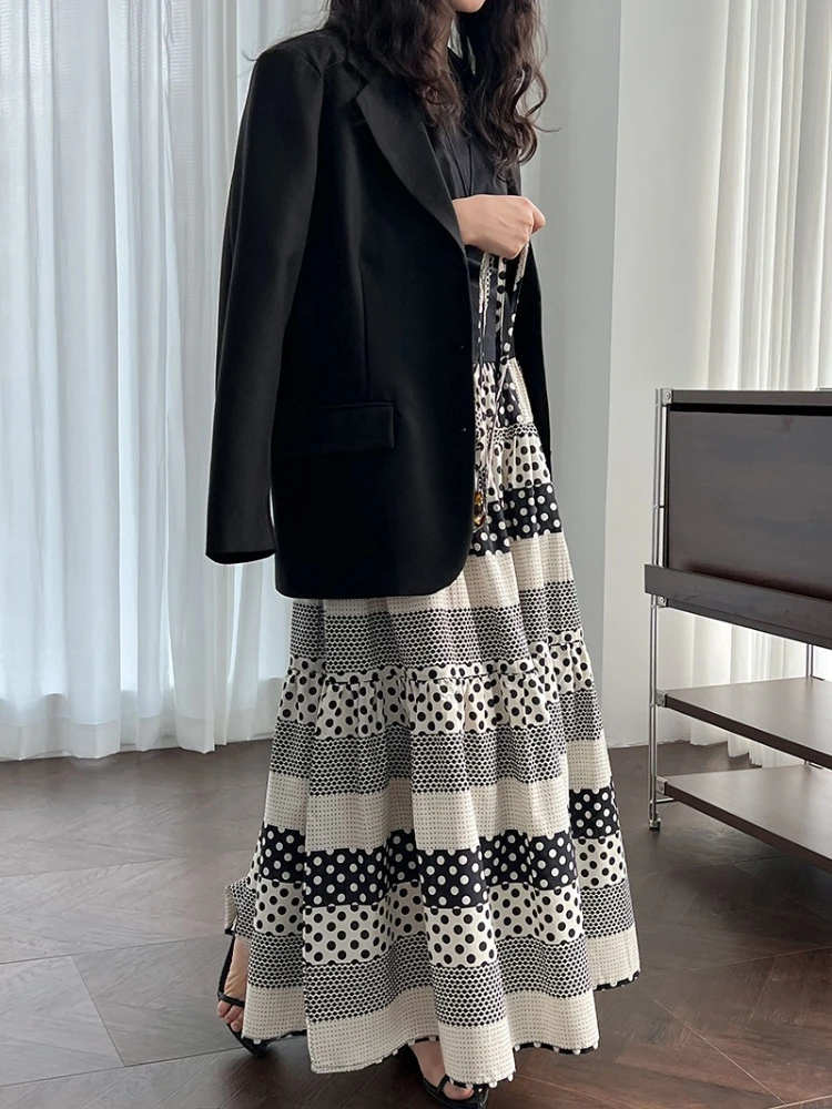 Jupe mi-longue vintage en patchwork à pois pour femme, taille haute, jupe fluide trapèze en noir/blanc, tenues quotidiennes, de bureau ou de vacances