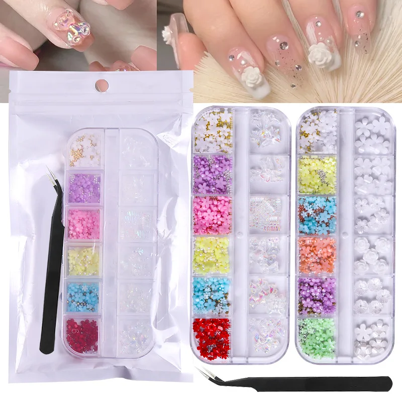 Nail Charms Butterfly 3D Nails art Decoration Crafts DIY Flatbacks Flower Nails Gems with pickup tools for Manicure Saloon