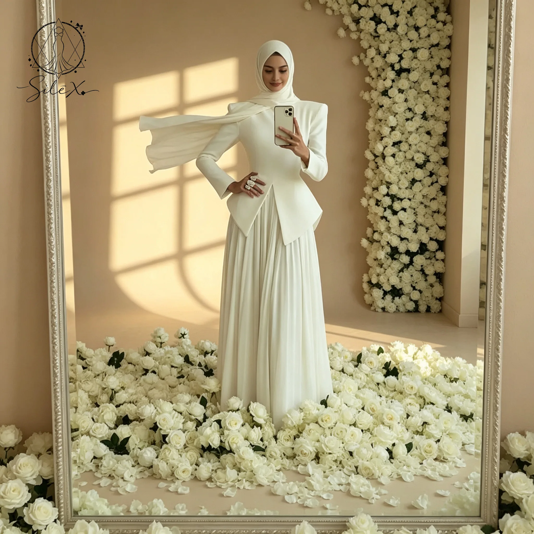 Stand Collar Structured Blazer Peplum Top Pleated Maxi Dress With Flowing Matching Hijab Modest Formal Evening Gown