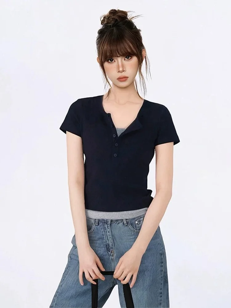 Summer Short Sleeve T-Shirt 95 Cotton Henry Collar Women's Fashion Casual  Color Large Size plus Size Versatile Shoulder...