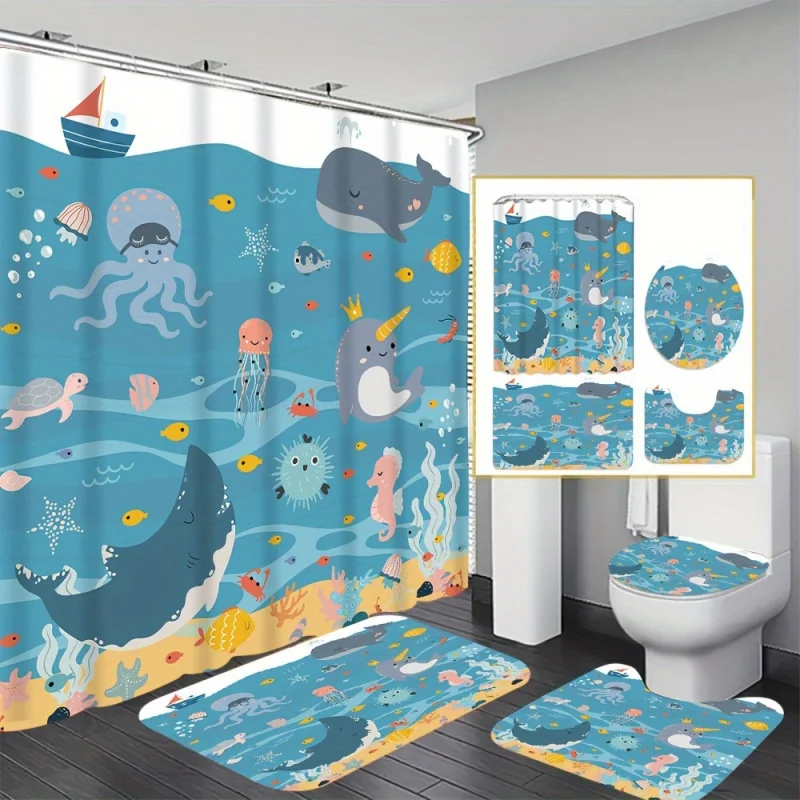 4pcs Marine Life Print Creative Shower Curtain Set, Decorative Bathroom Set Includes Waterproof Shower Curtain, Non-slip Mat,