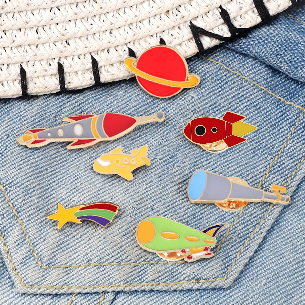 Universe Space Enamel Pins Cartoon Aircraft Rocket Telescope Planet Brooches Metal Badge Denim Jackets Lapel Pins For Women Men