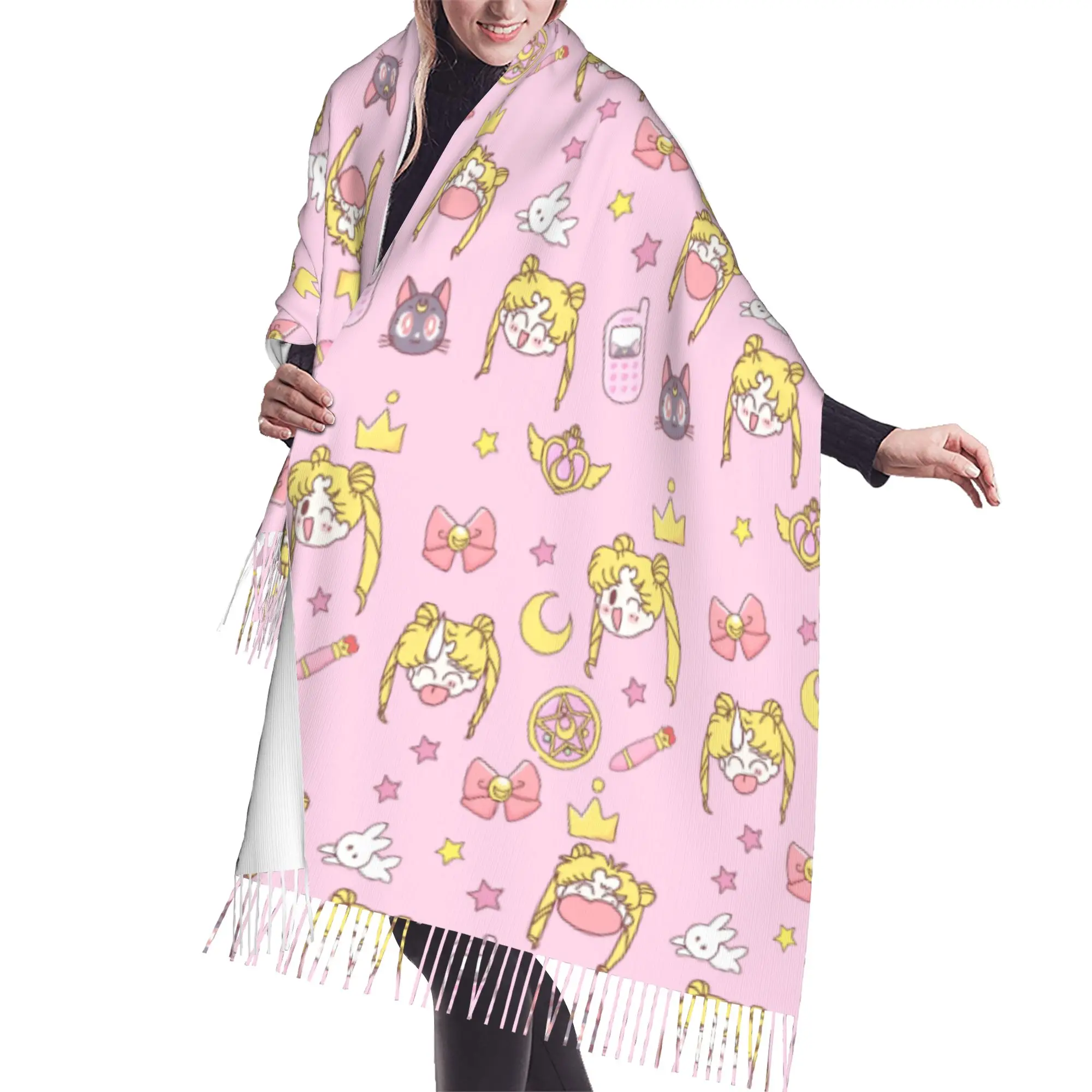 Custom Sailored Manga Anime Mooned Tassel Scarf Women Soft Usagi Tsukino Shawls Wraps Ladies Winter Fall Scarves