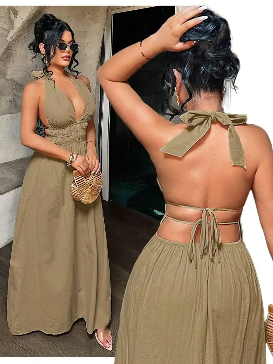 

Women's Solid Deep V Neck Ruched Summer Dress
