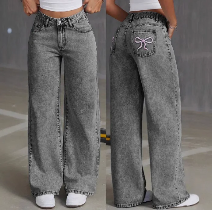 Baggy-Jeans für Damen, mit Schleife bestickte Jeans, Damen-Hose mit hoher Taille und geradem Bein