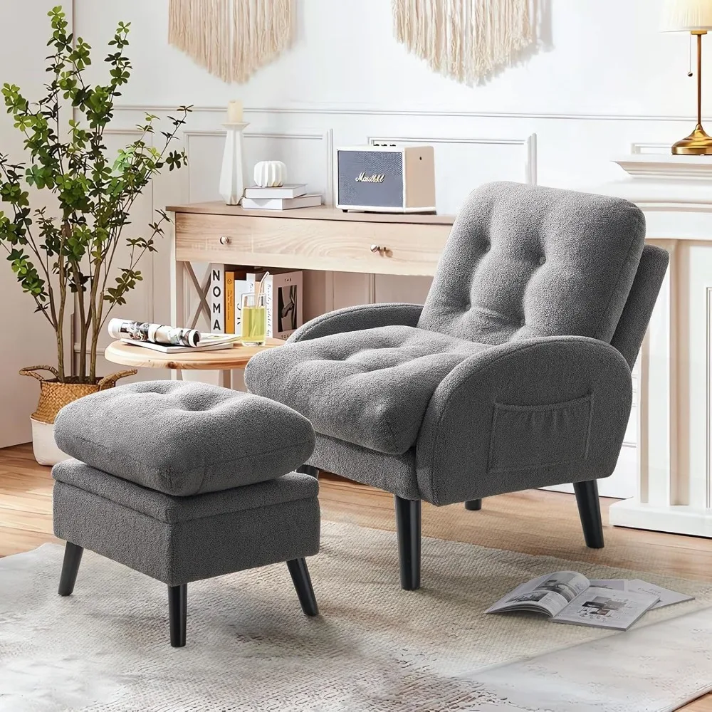 

Accent Chair with Ottoman Adjustable Backrest, Tufted Living Room Chair Upholstered Lounge Chair with Footrest Set, Modern