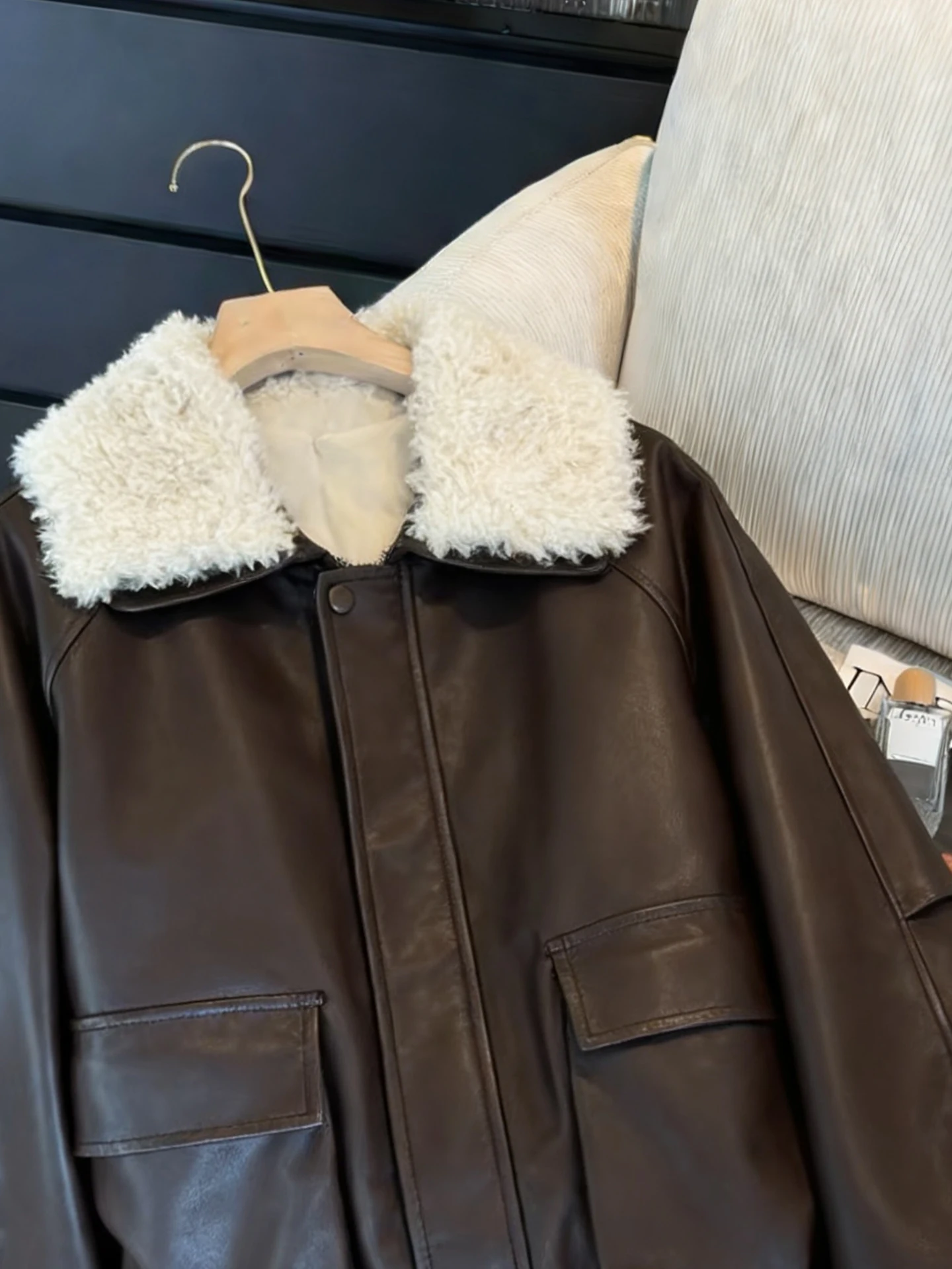 Legal retro sle bombardeiro jaet feminino contraste cor colarinho casaco de couro calor longo sve fechamento com zíper streetwear