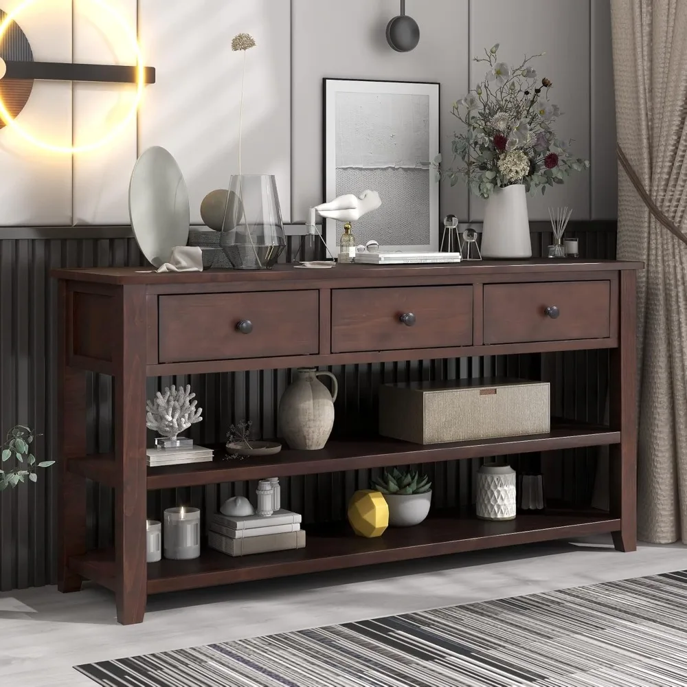 Long Console Table with 3 Storage Drawers and Double Bottom Open Shelves, Wooden Sofa Tables for Entryway Hallway Foyer