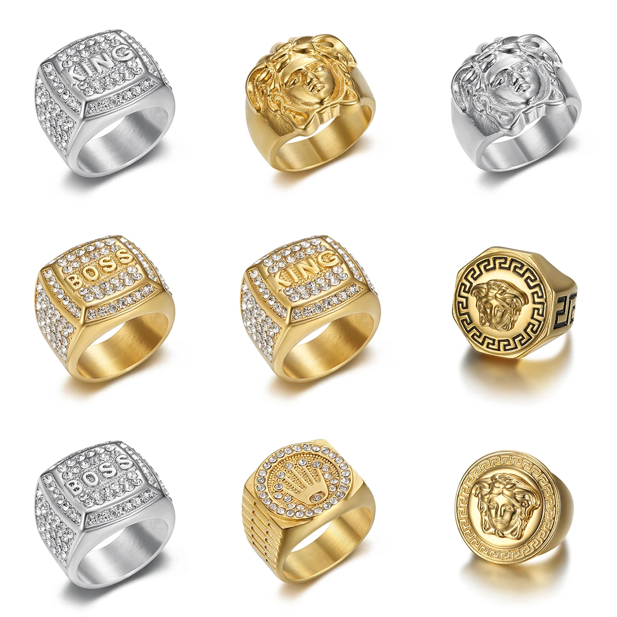 

Men's Crystal Iced Out King Ring Stainless Steel 18k Gold Plated Hip Hop Boss Design Gothic Jewelry for Party Gift