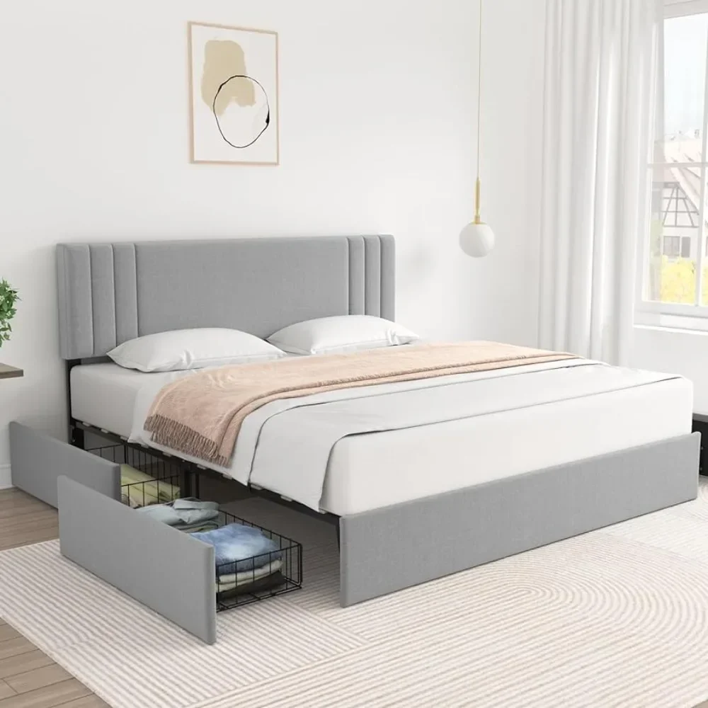 Bed Frame, Upholstered Large with 4 Storage Drawers and Adjustable Headboard, Sturdy Plank Support, Platform Bed Frame