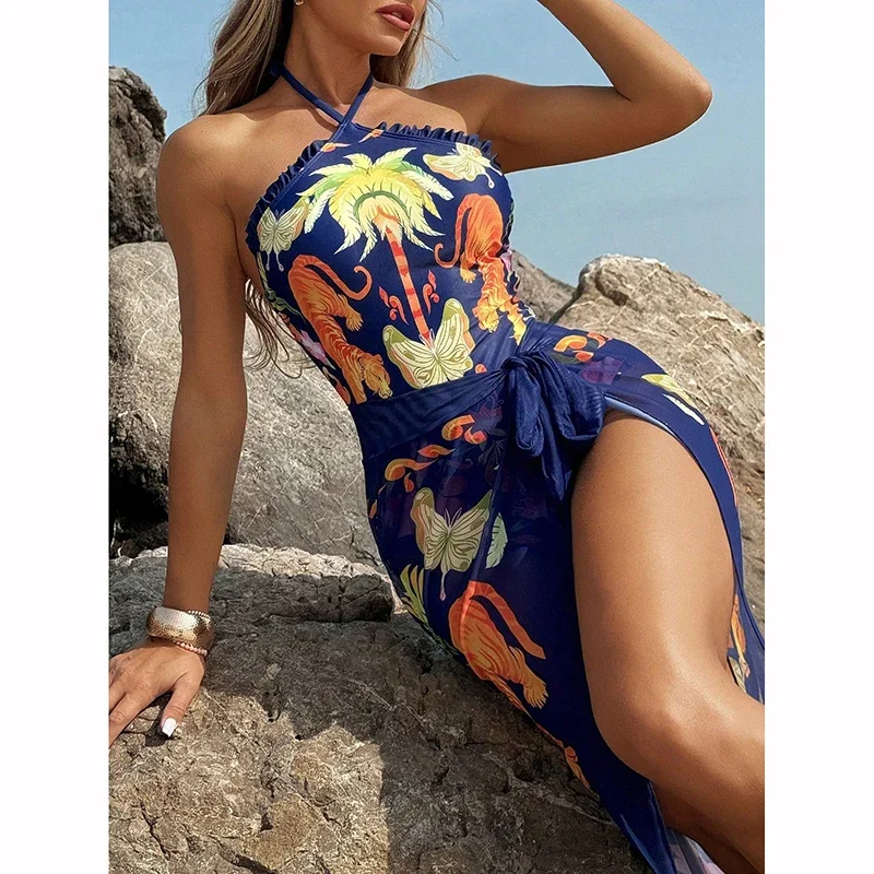 Nuevo traje de baño de una pieza para mujer, conjunto de traje de baño de dos piezas con falda larga y protector solar Retro ajustado y adelgazante