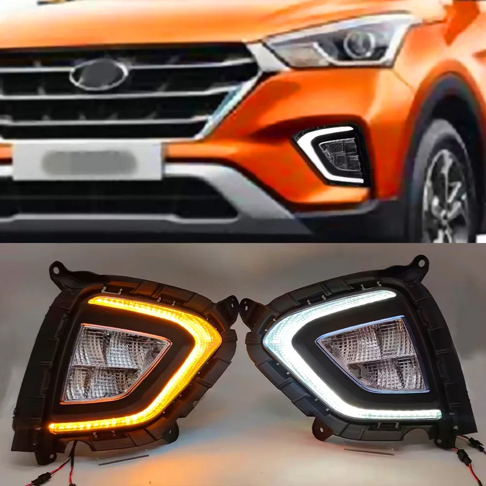 1 Pair DRL For Hyundai Creta IX25 2017 2018 2019 2020 LED Daytime Running Light fog lamp cover with yellow turning signal lamp