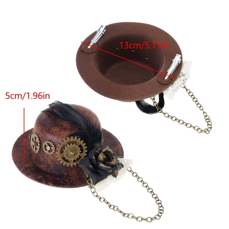 Frauen Halloween Gothic Mini Top Hut Steampunk Getriebe Kette Feder Blume Fascinator Haar Clip Viktorianischen Cosplay Kostüm – Detail 7