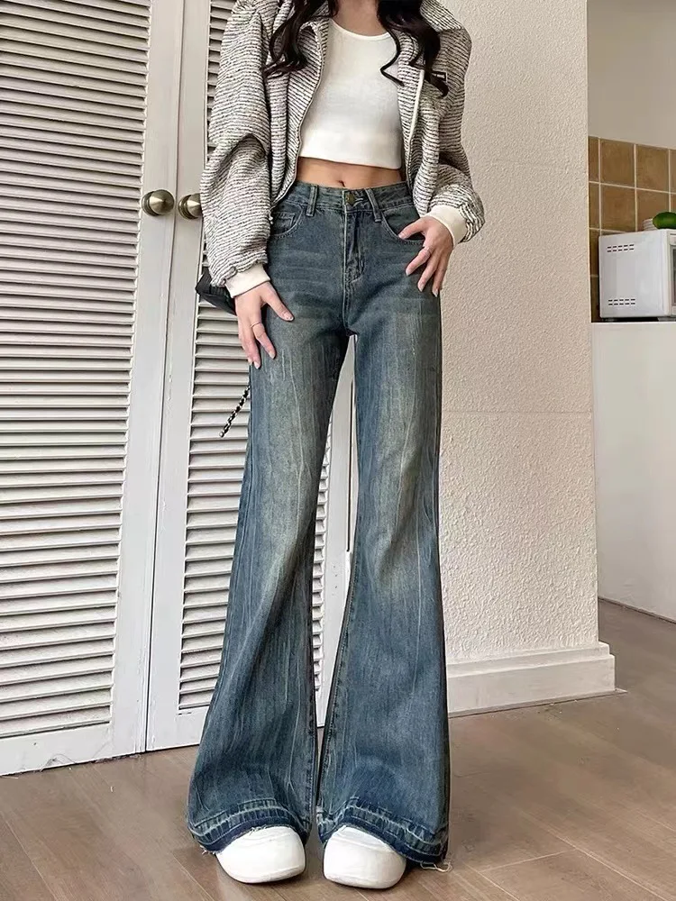 Jeans leggermente svasati retrò per donna Pantaloni in denim con fondo a campana dritto dimagrante a vita alta elastica Pantaloni femminili