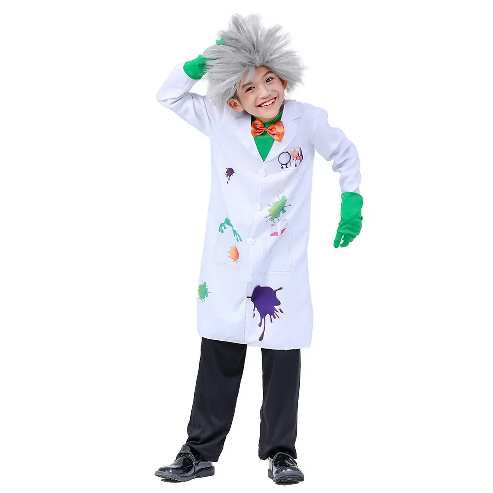 Bambini ragazzo Psycho Crazy Scientists costumi Cosplay parrucca pantaloni occhiali guanti bambini RolePlay Doctor Scientist professione vestiti