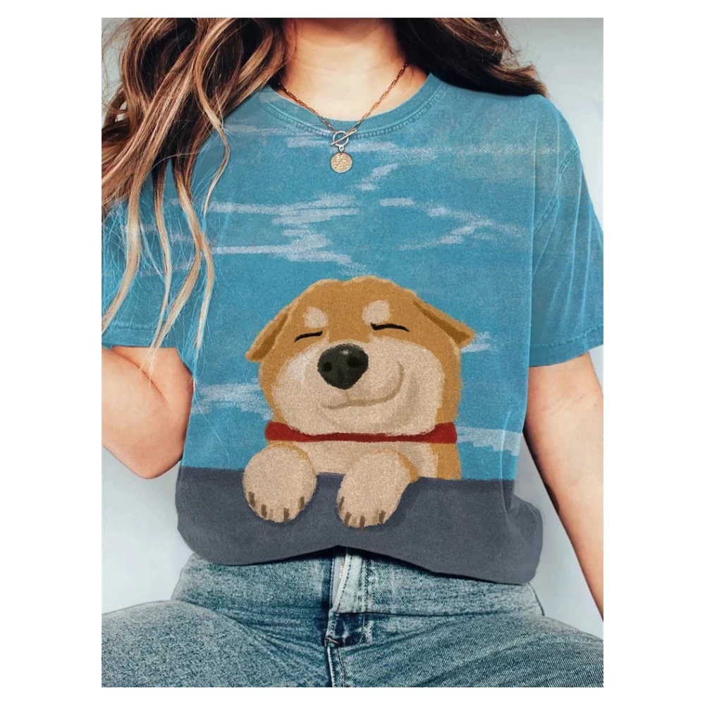 Swimming Pool Dog Painting Women Short Sleeved O Neck T Shirt