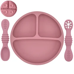 3P Silicone Baby Feeding Plate Set for Toddlers Training to Eat Kid Suction Divided Plate Learning Rice Spoon Children Tableware