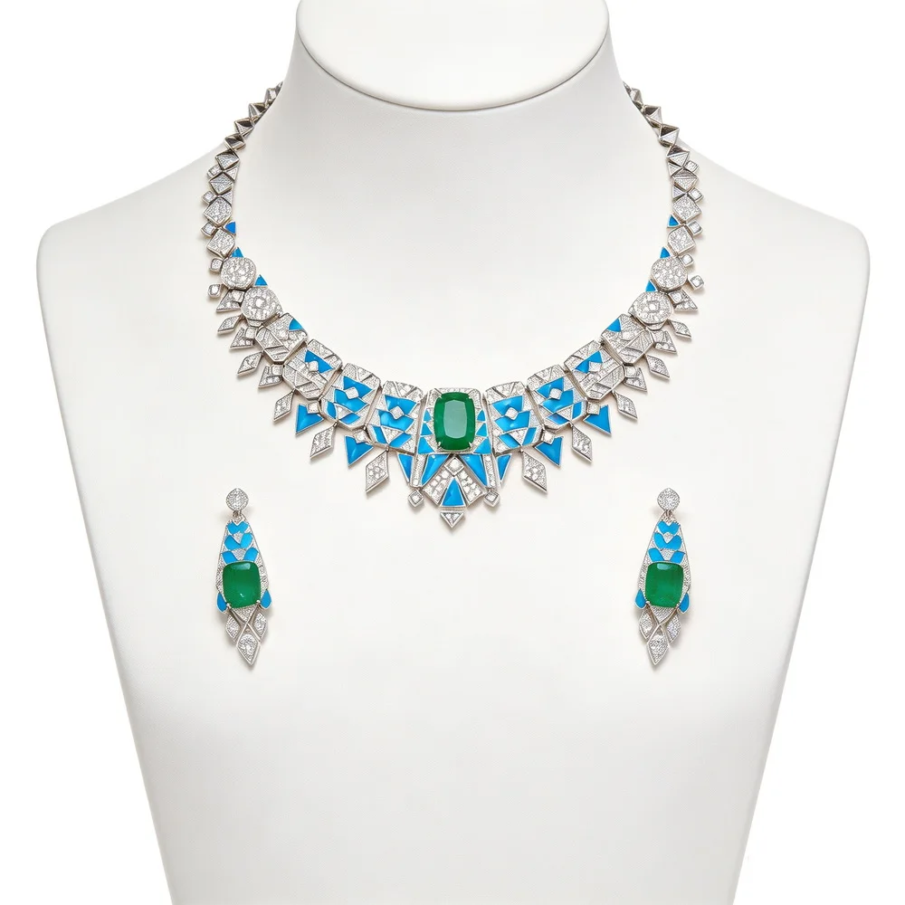 Designer Earrings Necklace Women Lady Inlay Czech Zircon Synthetic Paraiba Tourmaline Blue Green Enamel Party Fine Jewelry Sets