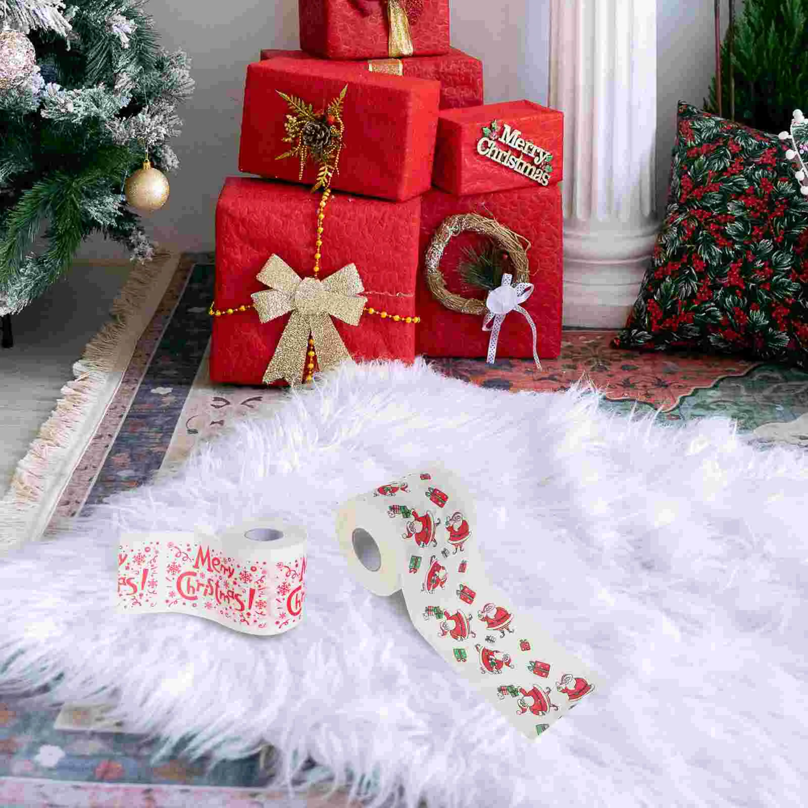 4 Rolls Christmas Toilet Paper Xmas Bath Novelty Pattern Dinner Napkin Santa Claus Decor