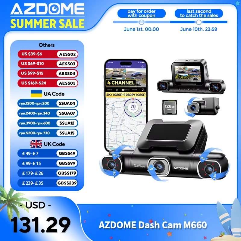 Cámara para Auto AZDOME M660 DVR de 4 Canales y 360 Grados °   Cámara para Auto Delantera, Trasera e Interior, con WiFi 5.8G, GPS, Resolución 2.5K+1K+1K+1K y Monitor de Estacionamiento