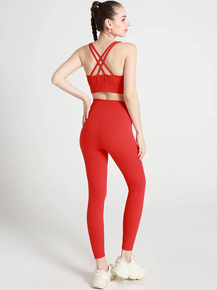 2 Piece Women Yoga Set Sleeveless Sexy Cross Back Sports Bra High Elasticity Buttock Lift Leggings Comfortable Sportswear Suit