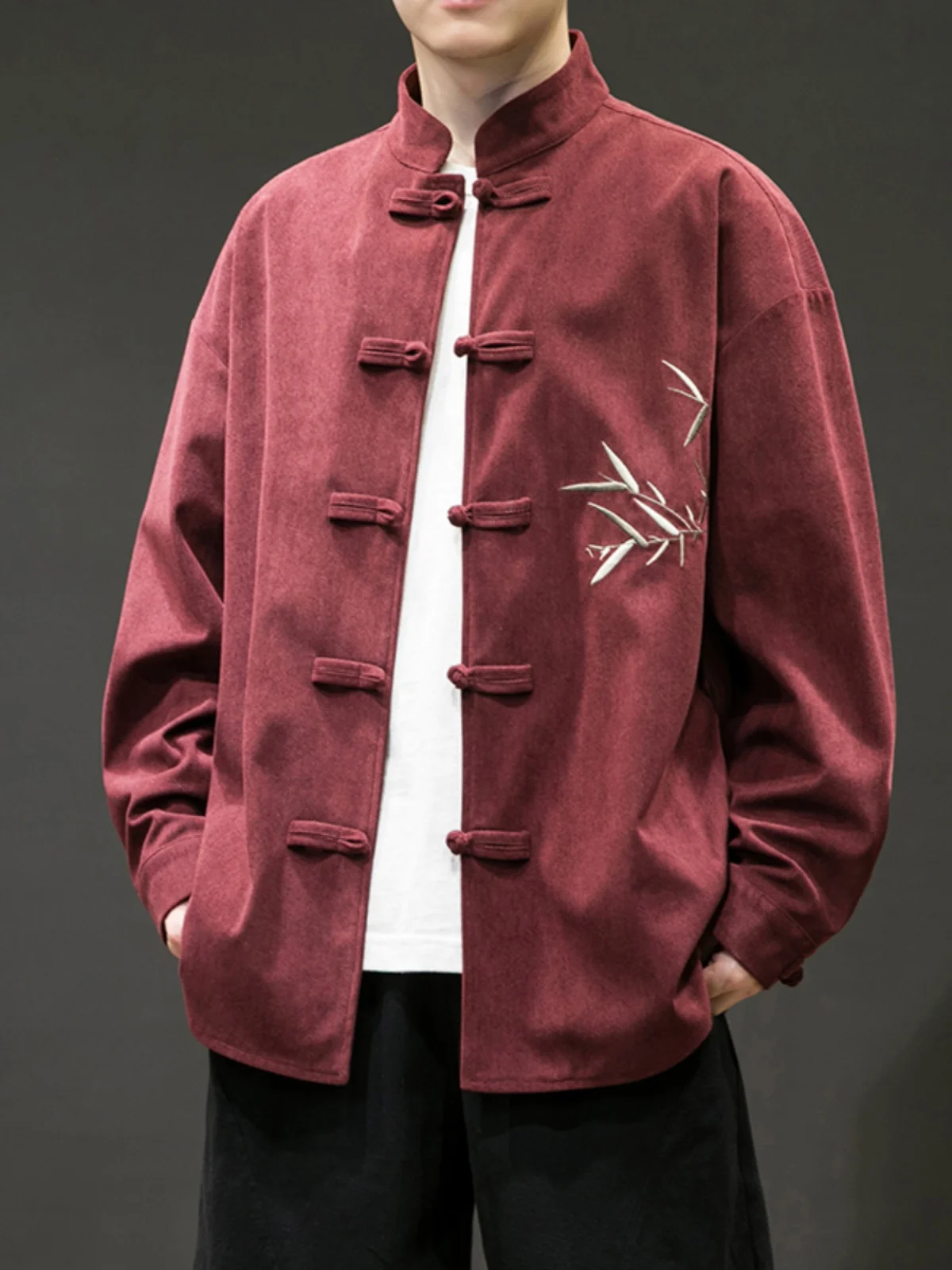 

New Chinese Style Embroidered Burgundy Tang Suit Jacket Men's Loose Fit Casual Shirt Improved Hanfu Leisure Jacket